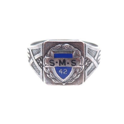 925 Sterling Silver Antique 1942 Enamel SMS College Oxidized Ring Size 10.75