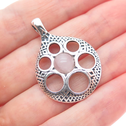 AICC 925 Sterling Silver Vintage Real Rose Quartz Modernist Disc Charm Pendant