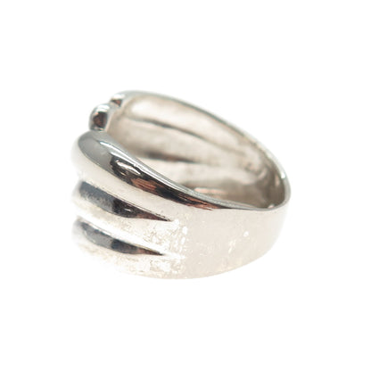925 Sterling Silver Vintage Modernist Ribbed Bypass Ring Size 6