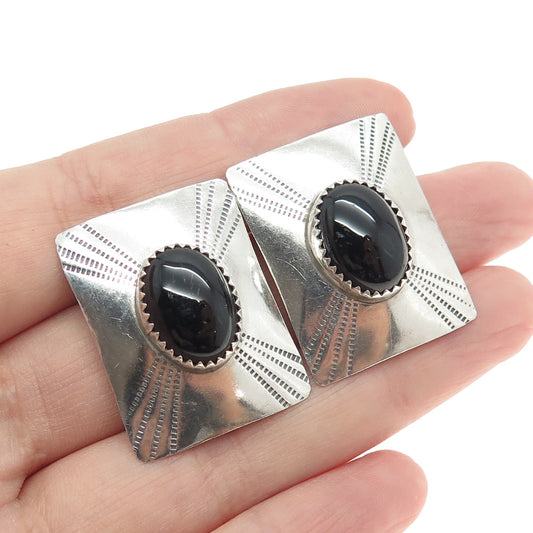 Old Pawn Sterling Silver Vintage Southwestern Real Black Onyx Clip On Earrings