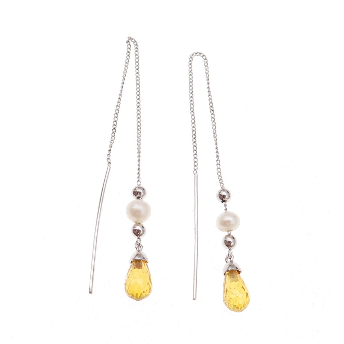 925 Sterling Silver Vintage Real Pearl & Citrine Chain Drop Dangle Earrings