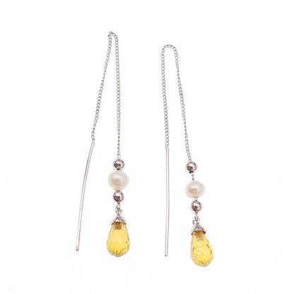 925 Sterling Silver Vintage Real Pearl & Citrine Chain Drop Dangle Earrings