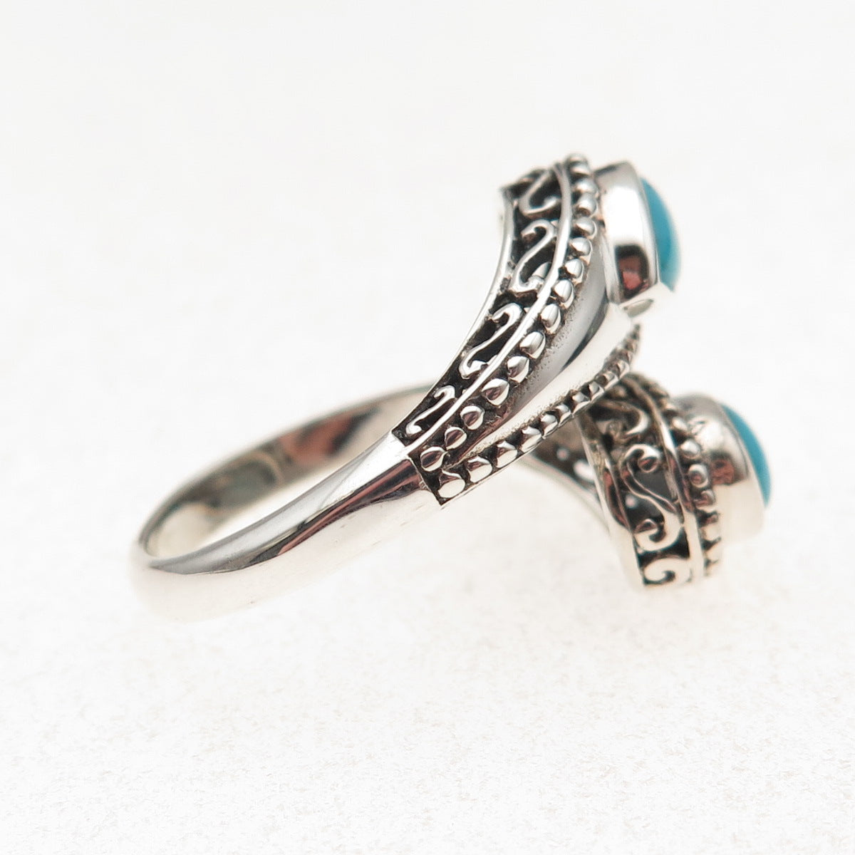 925 Sterling Silver Vintage Real Turquoise Oxidized Adjustable Ring Size 8.25