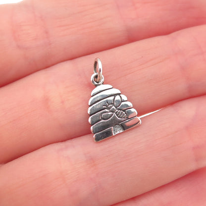 925 Sterling Silver Vintage Beehive Oxidized Charm Pendant
