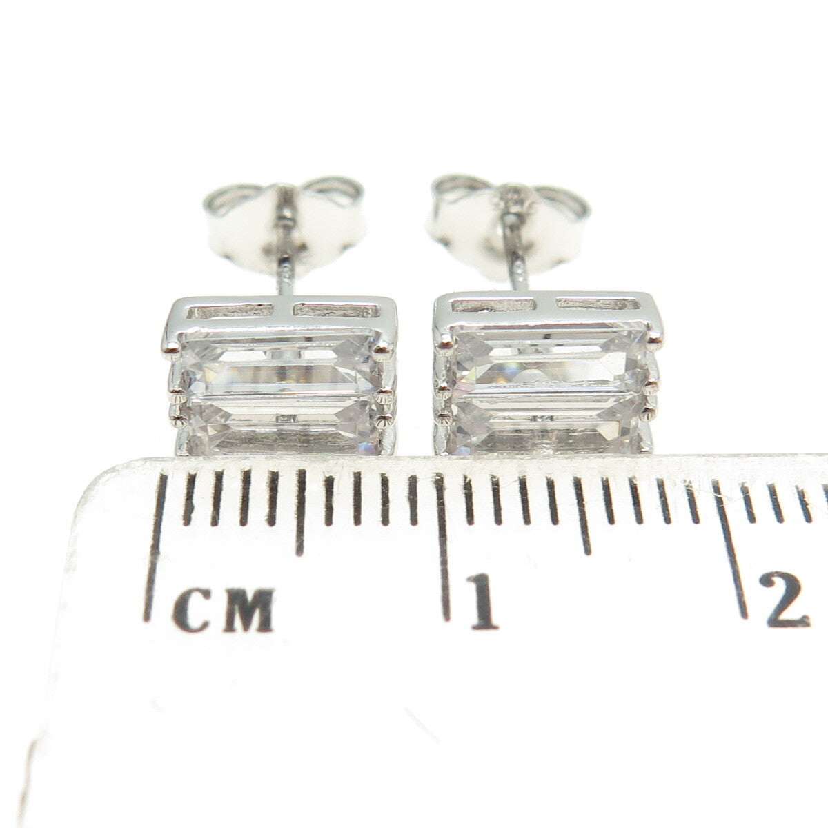 925 Sterling Silver Baguette-Cut C Z Stud Earrings