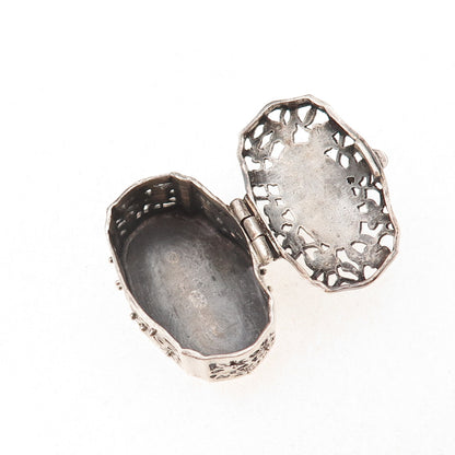 925 Sterling Silver Vintage Floral Oxidized Pill / Snuff Box Pendant