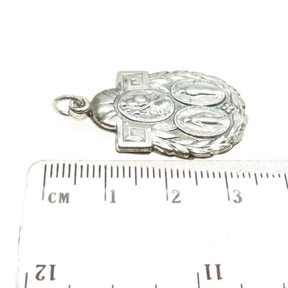925 Sterling Silver Antique Art Deco Jesus St. Mary & Christopher Medal Pendant