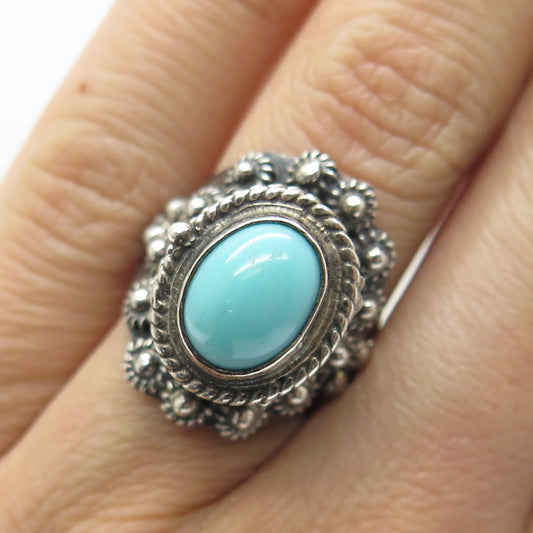 925 Sterling Silver Vintage Mexico Turquoise Cannetille Ring Size 6.5