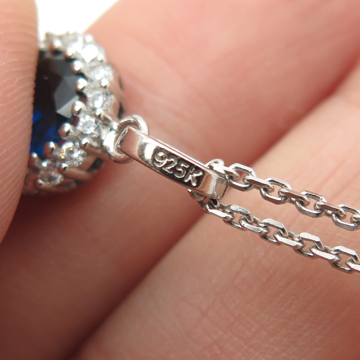 925 Sterling Silver Italy White & Blue C Z Cable Chain Necklace 16"