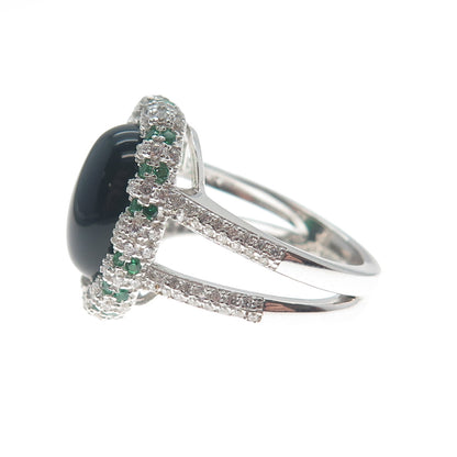 DSMK 925 Sterling Silver Cabochon Nano Emerald & C Z Ring Size 7.25