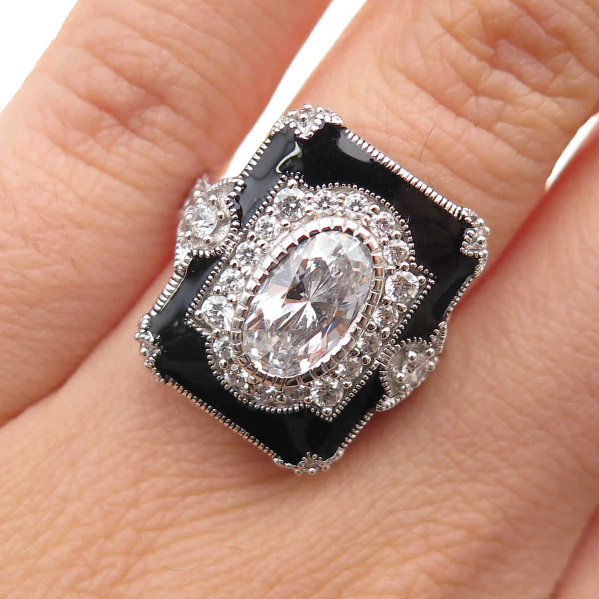 925 Sterling Silver Vintage Enamel & C Z Bohemian Ring Size 6