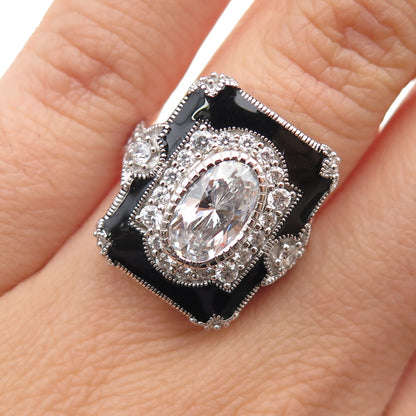 925 Sterling Silver Vintage Enamel & C Z Bohemian Ring Size 6