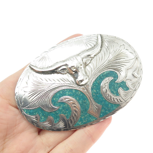 Plata de Jalisco VHLC Sterling Vintage Mexico Turquoise Inlay Bull Buckle #72