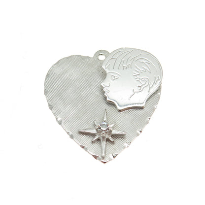 MARC MERCY 925 Sterling Silver Vintage C Z Boy Silhouette Engraved Heart Pendant