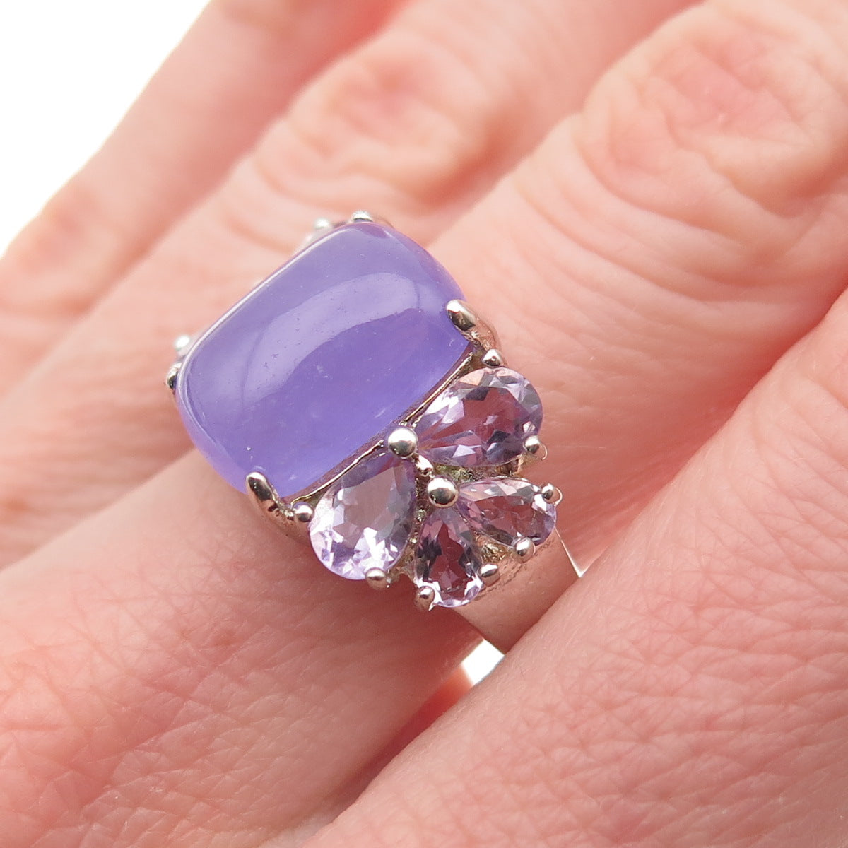925 Sterling Silver Real Lavender Jade & Amethyst Ring Size 7