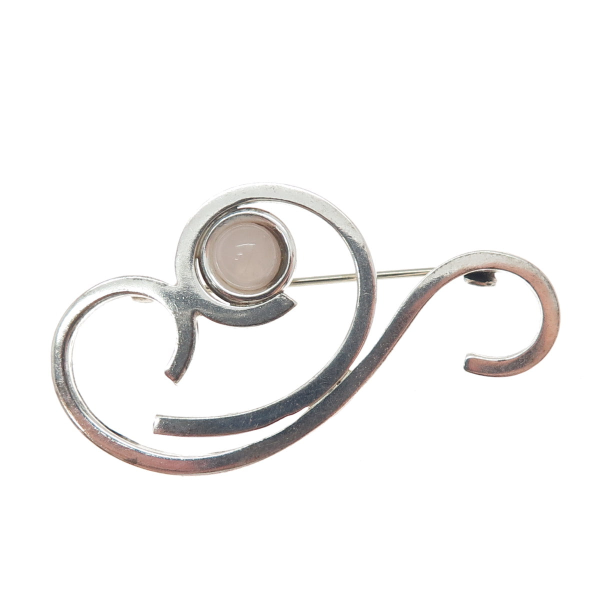 925 Sterling Silver Vintage Real Rose Quartz Modernist Swirl Pin Brooch