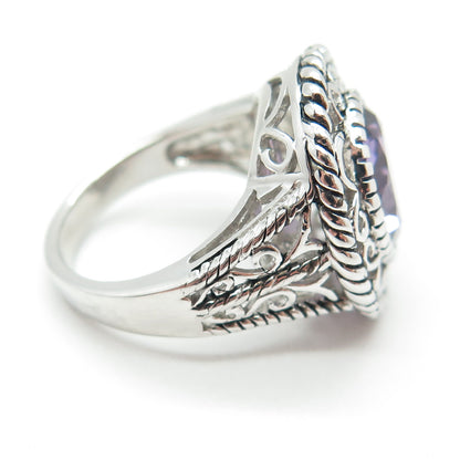 925 Sterling Silver Real Checkered Amethyst Gem Swirl Twisted Ring Size 7