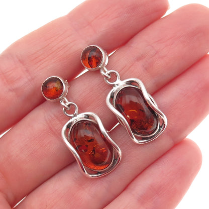 925 Sterling Silver Vintage Real Amber Modernist Oxidized Dangle Earrings