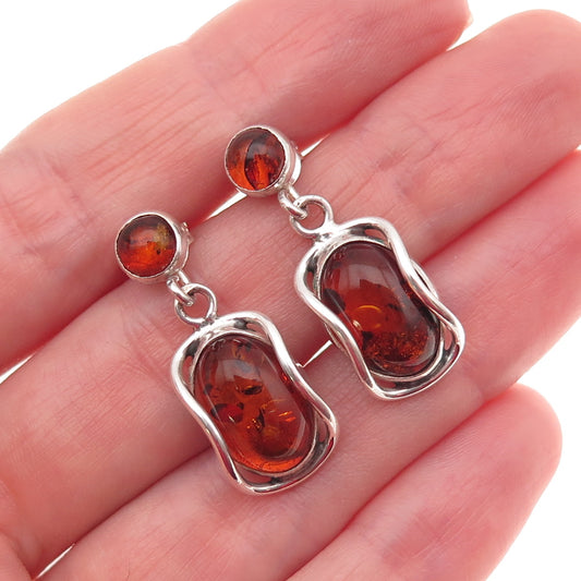925 Sterling Silver Vintage Real Amber Modernist Oxidized Dangle Earrings