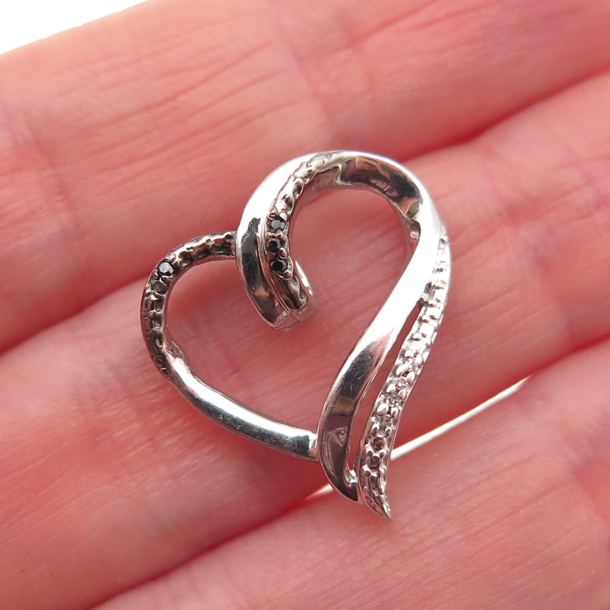 925 Sterling Silver Real Black & White Diamond Heart Mini Slide Charm Pendant