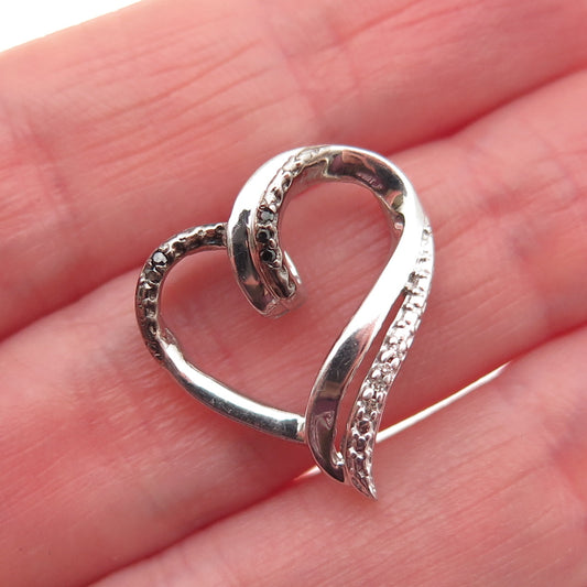 925 Sterling Silver Real Black & White Diamond Heart Mini Slide Charm Pendant