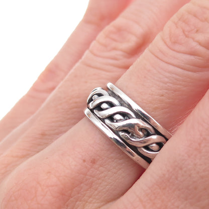 925 Sterling Silver Vintage Woven Oxidized Rotating Band Ring Size 8