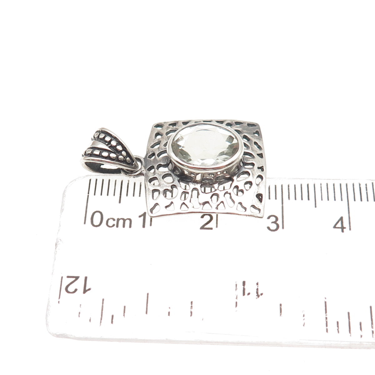 925 Sterling Silver Vintage Real Green Amethyst Modernist Charm Pendant