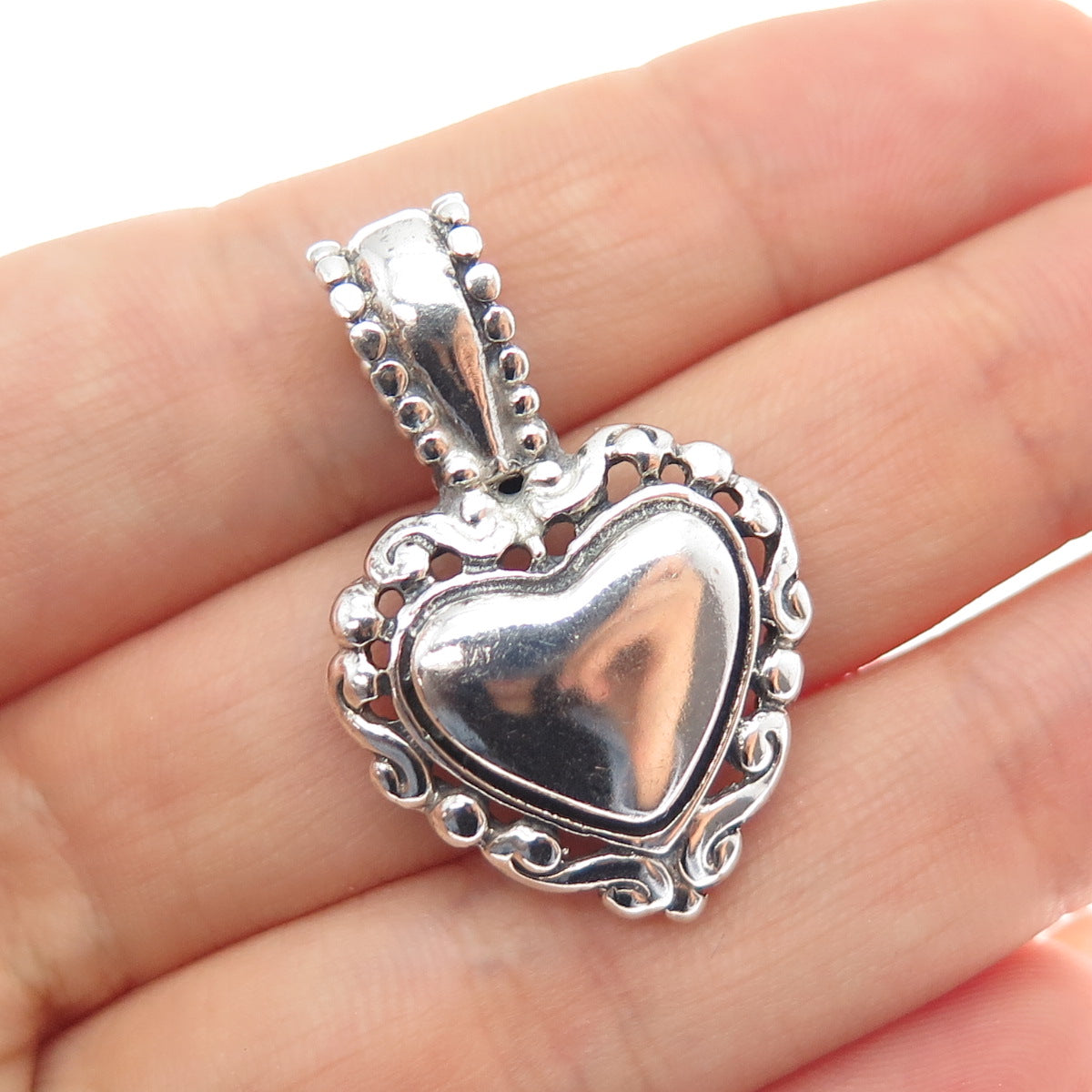 925 Sterling Silver Vintage Mexico Ornate Heart Oxidized Charm Pendant