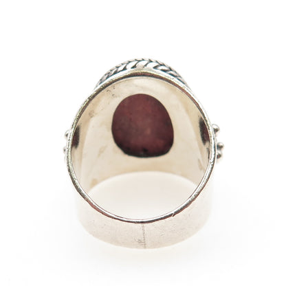 925 Sterling Silver Vintage Real Ruby Modernist Oxidized Ring Size 8.5