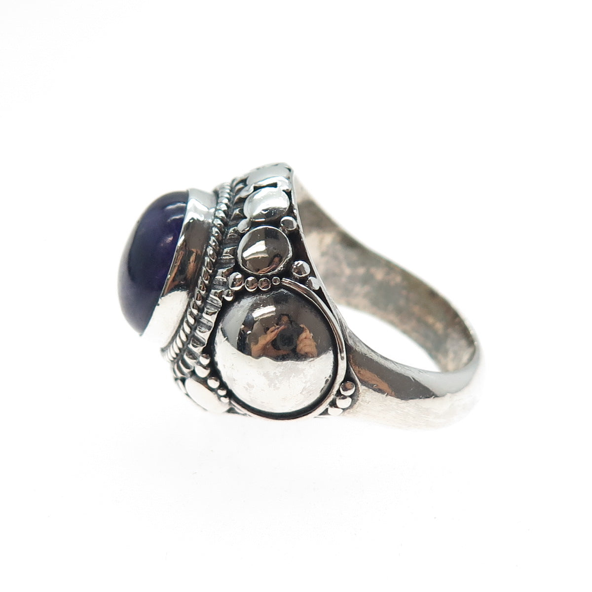 925 Sterling Silver Vintage Real Amethyst Dotted Oxidized Ring Size 8