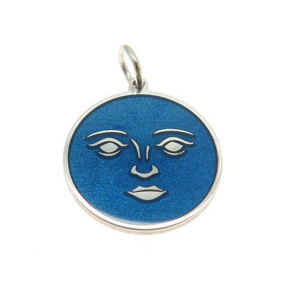 925 Sterling Silver Blue Enamel Moon Face Round Tag Minimalist Charm Pendant