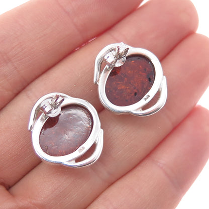 925 Sterling Silver Vintage Real Amber Modernist Earrings