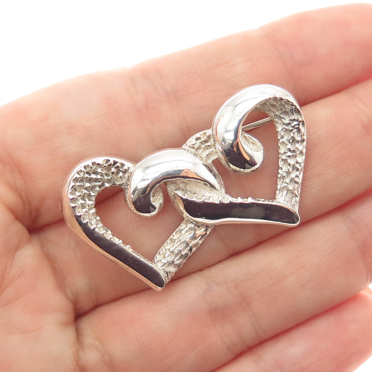 925 Sterling Silver Vintage Mexico Interlocked Heart Pin Brooch