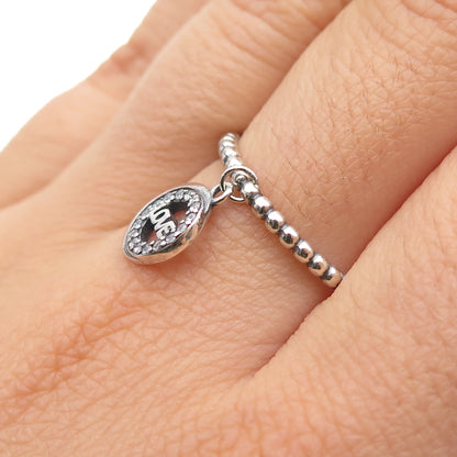 925 Sterling Silver Round-Cut C Z Love Dangle Charm Beaded Band Ring Size 7.75