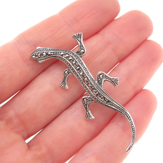 925 Sterling Silver Vintage Real Marcasite Lizard Oxidized Pin Brooch