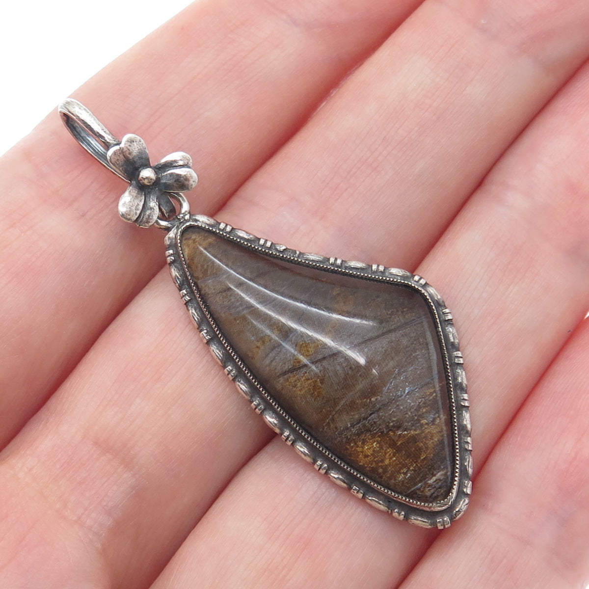 925 Sterling Silver Antique England Monarch Butterfly Wing Flower Pendant