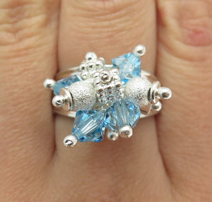 925 Sterling Silver Vintage Blue Glass Bead Charm Ring Size 9