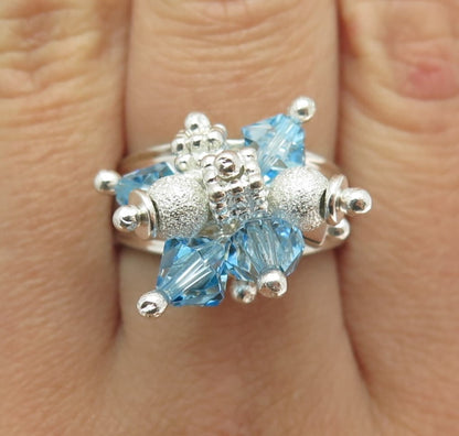 925 Sterling Silver Vintage Blue Glass Bead Charm Ring Size 9