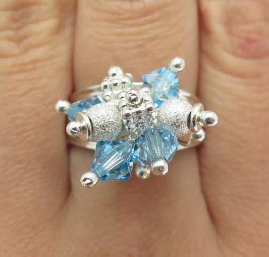 925 Sterling Silver Vintage Blue Glass Bead Charm Ring Size 9