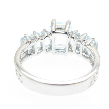 DSMK 925 Sterling Silver Real Emerald-Cut Blue Topaz Gem Ring Size 7.25