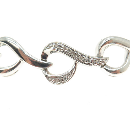 SUN 925 Sterling Silver Real Round-Cut White Diamond Heart Link Bracelet 7.25"