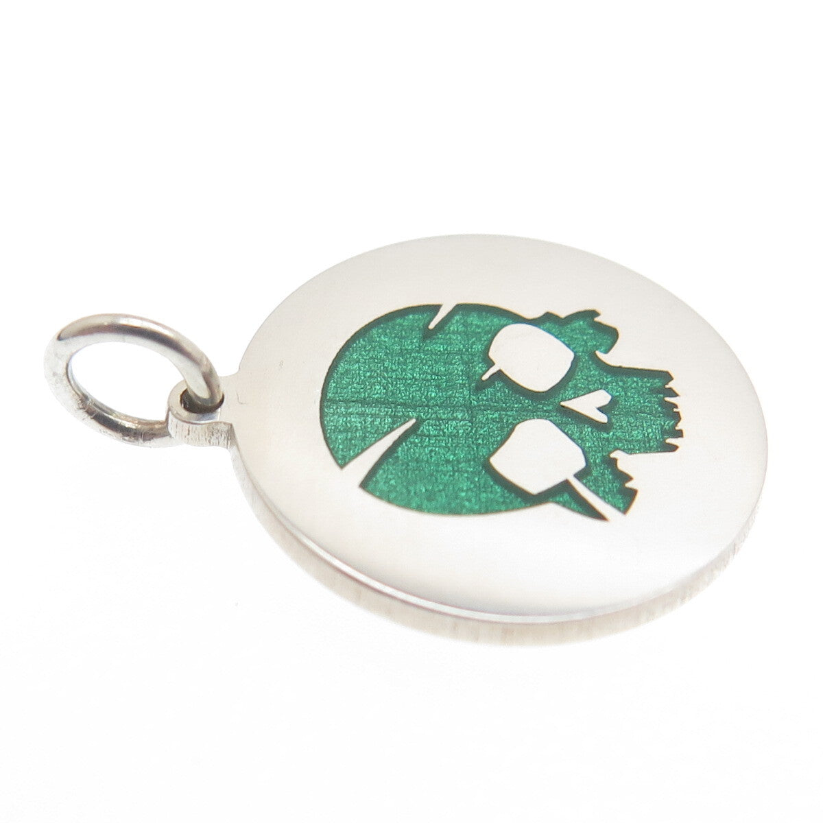 925 Sterling Silver Green Enamel Skull Round Tag Minimalist Charm Pendant