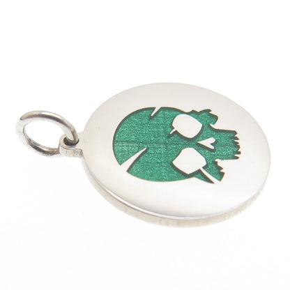 925 Sterling Silver Green Enamel Skull Round Tag Minimalist Charm Pendant