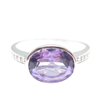 DSMK 925 Sterling Silver Real Amethyst & White Topaz Gemstone Ring Size 8.25