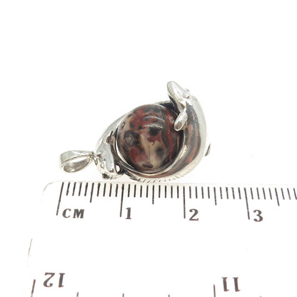 925 Sterling Silver Vintage Real Jasper Dolphins Bypass Ball Charm Pendant