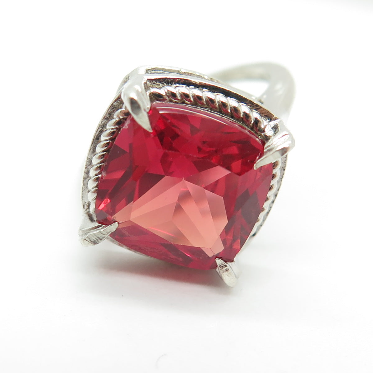 925 Sterling Silver Cushion-Cut Lab-Created Pink Sapphire Ring Size 6.25