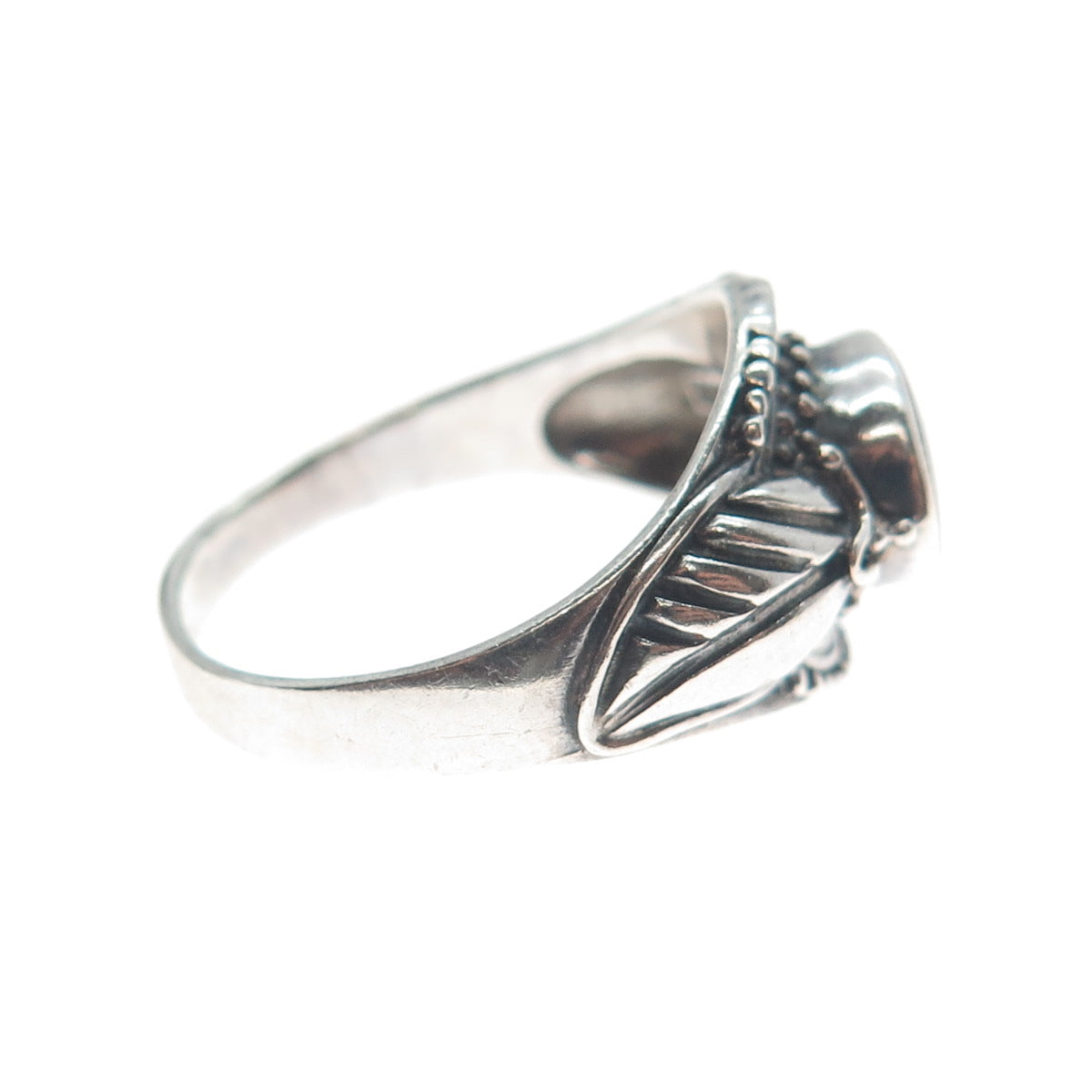 925 Sterling Silver Vintage Real Black Onyx Gemstone Leaf Ring Size 8.25