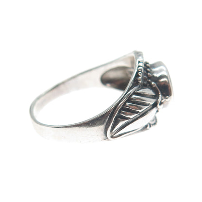 925 Sterling Silver Vintage Real Black Onyx Gemstone Leaf Ring Size 8.25
