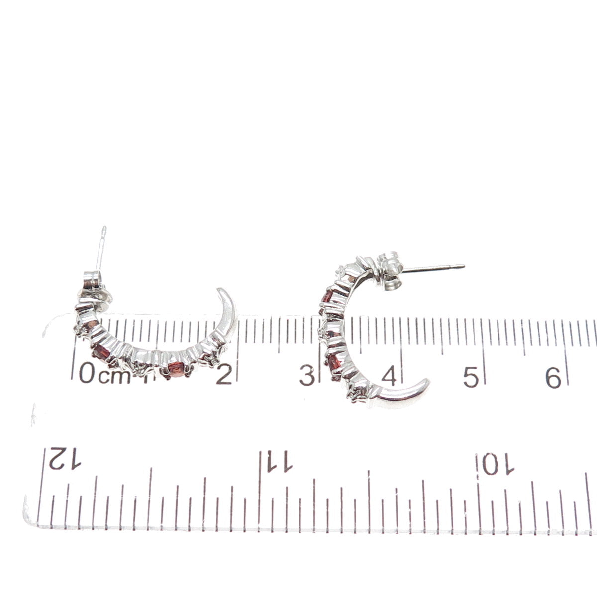 ROSS SIMONS 925 Sterling Silver Real Diamond & Red Garnet Half Hoop Earrings