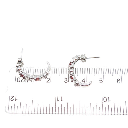 ROSS SIMONS 925 Sterling Silver Real Diamond & Red Garnet Half Hoop Earrings